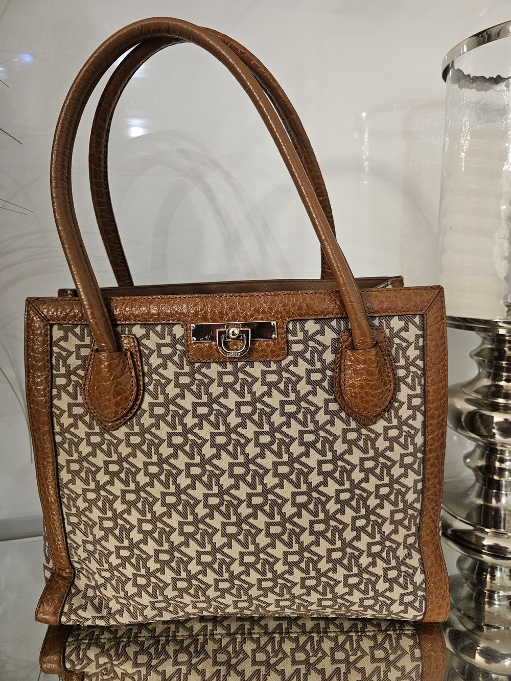 DKNY Brown Monogram Canvas Tote with Leather Trim